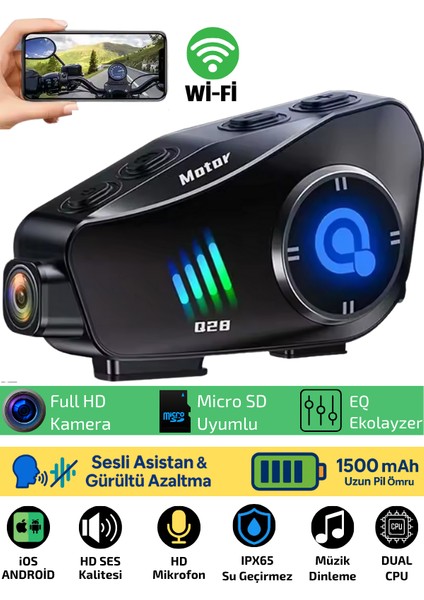 Q28 Wifi Kameralı Motosiklet Kask Kulaklık Interkom Bluetooth Sd Kart Destekli Su Geçirmez Intercom
