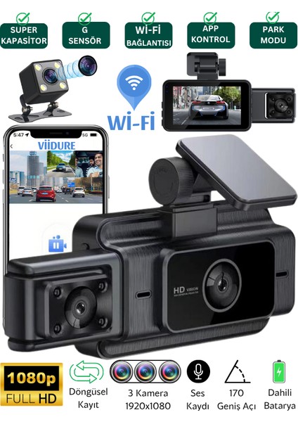 S-15 Wi-Fi Full HD 3 Kameralı Araç İçi Güvenlik Kamerası 64GB – IR Gece Görüşü, Ön-Arka-İç Kayıt,DashCam