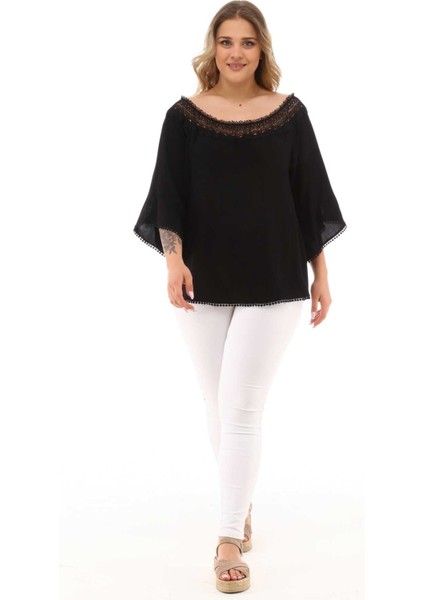 Zerotantik Dantel Yakalı Büyük Beden Bluz Siyah