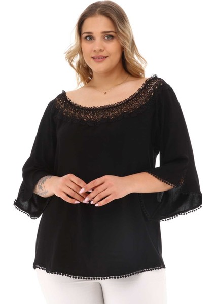 Zerotantik Dantel Yakalı Büyük Beden Bluz Siyah modelleri