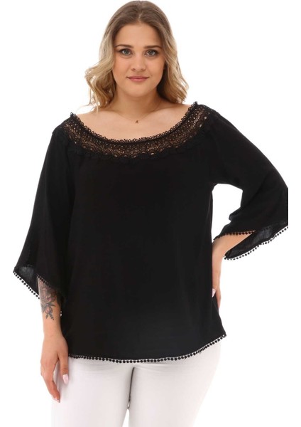 Zerotantik Dantel Yakalı Büyük Beden Bluz Siyah fırsatları