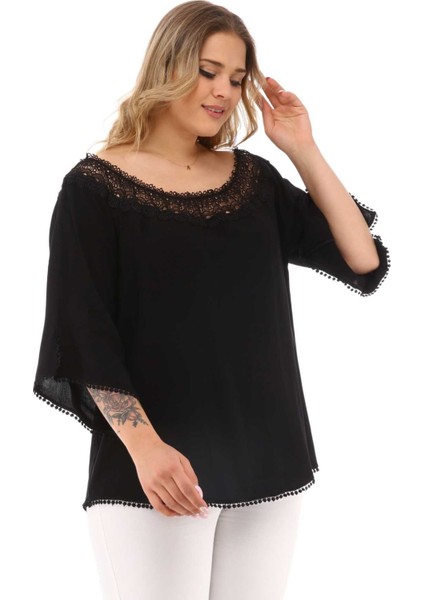 Zerotantik Dantel Yakalı Büyük Beden Bluz Siyah indirimleri