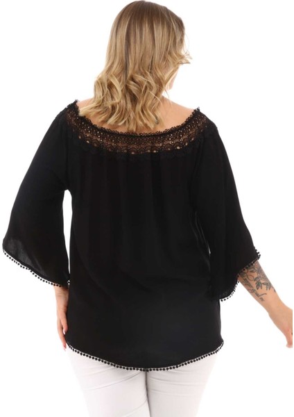 Zerotantik Dantel Yakalı Büyük Beden Bluz Siyah