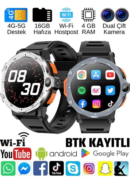 Watch PG Gümüş 4G LTE Yuvarlak Akıllı Saat 16GB SIM Kartlı Kameralı WiFi Çocuk Huawei iPhone Uyumlu 8 9 10