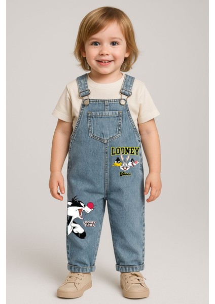 Looney Tunes Baskılı Unisex Çocuk Kot Salopet - Askılı Tulum