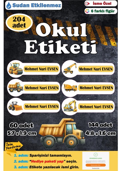 Isme Özel Okul Etiketi Kalem Defter Etiketi Sticker Erkek Çocuk Iş Makinaları Isim Etiketi