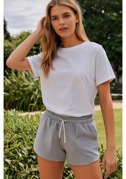 Kadın 2'li Pamuklu Beli Ipli Şort Siyah Gri Günlük Basic Regular Fit Cepli Normal Bel Rahat 2 Iplik Ev Şortu modelleri