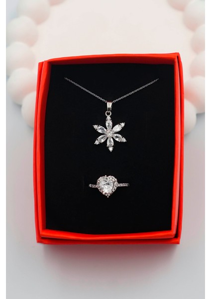 Zirkon Taşlı Lotus Çiçeği Model Kadın Kolye ve Kalp Yüzük Set (Kutulu) fiyatları
