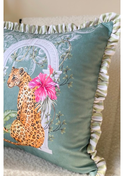 Leopar Desenli Fırfırlı Country, Iskandinav, Bohem 50X50 Dekoratif Yastık(Içi Dolgulu)