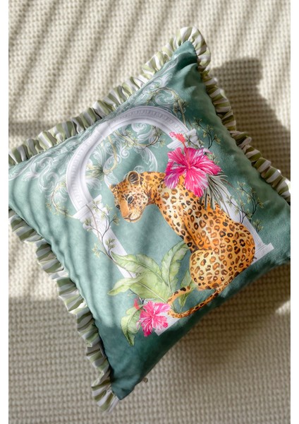 Leopar Desenli Fırfırlı Country, Iskandinav, Bohem 50X50 Dekoratif Yastık(Içi Dolgulu)