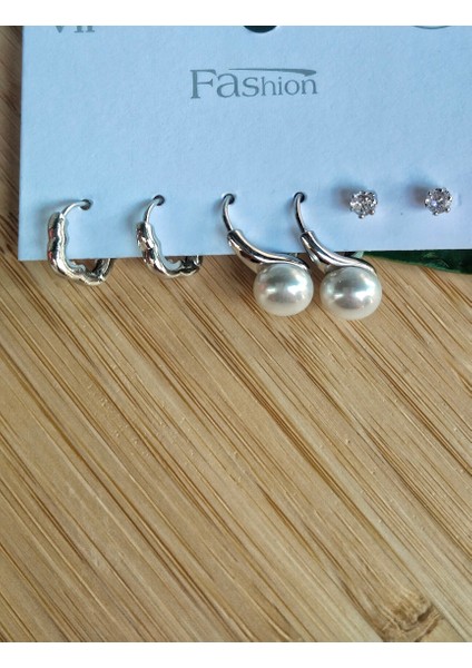 Gümüş Renk Lüks Gösterişli Figürlü Üçlü Küpe