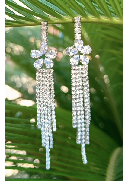 Gümüş Renk Zirkon Taşlı Lüks Abiye Küpe