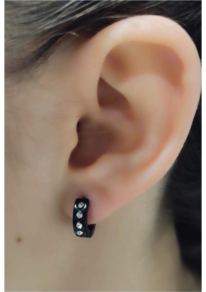 Siyah Renk Gümüş Taşlı Çelik Küpe