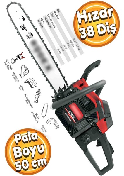 3.8 Hp Benzinli Ağaç Odun Kesme Makinesi Zincirli 38 Diş 58 cc Hizar Motorlu Testere