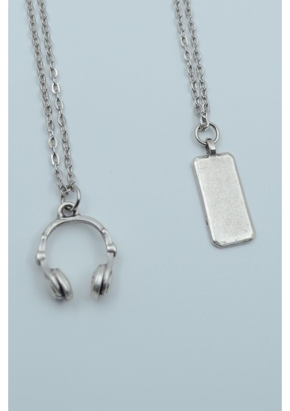 2'li Dikdörtgen Bar Kulaklık Gümüş Kaplama Kolye Seti