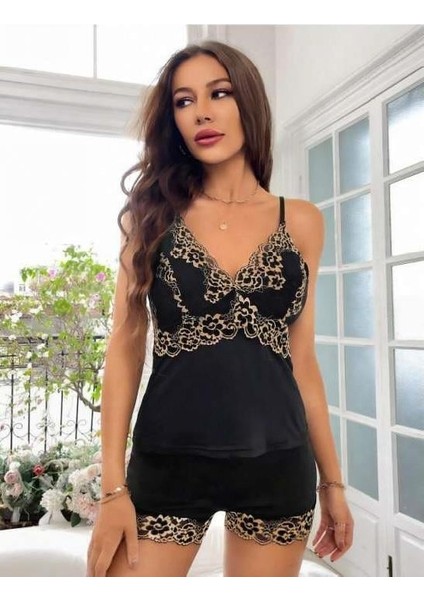 Dantel Işlemeli Siyah Ince Askılı Saten Şortlu Takım fiyatları