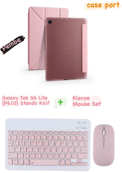 Galaxy Tab S6 Lite (P610) Uyumlu Bluetooth Klavye Mouse Set Standlı Kılıf