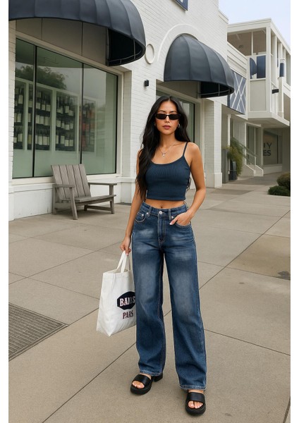 Kadın Yüksek Bel Skater Fit Jean Pantolon Lacivert