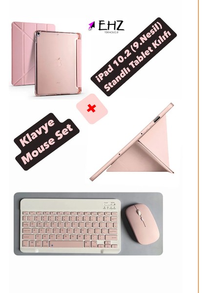 iPad 10.2 (9.nesil) Uyumlu Standlı Tablet Kılıfı + Bluetooth Klavye Mouse Set