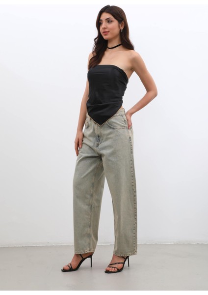 Kadın Yüksek Bel Skater Fit Jean Pantolon Kahverengi fiyatları