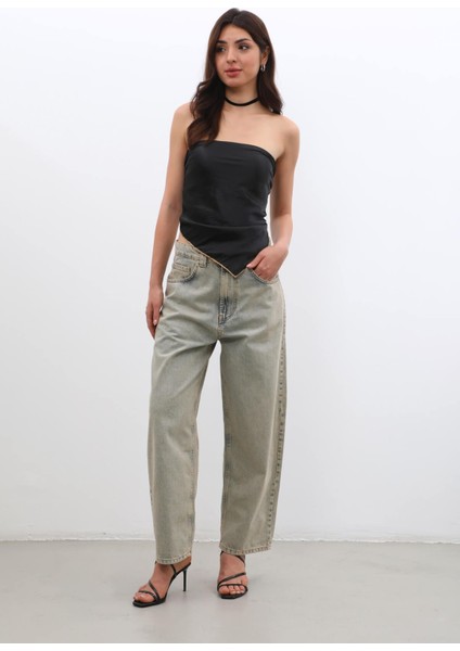 Kadın Yüksek Bel Skater Fit Jean Pantolon Kahverengi fırsatları