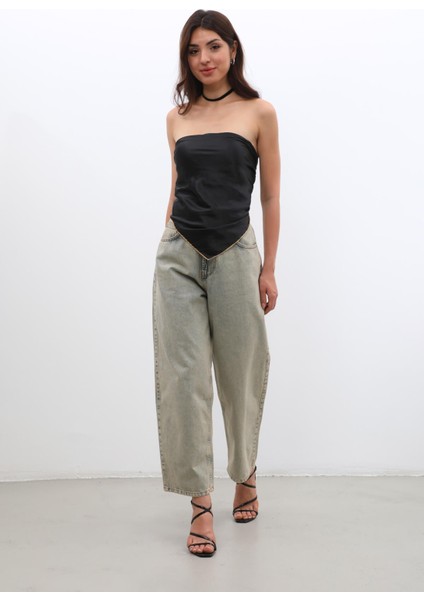 Kadın Yüksek Bel Skater Fit Jean Pantolon Kahverengi