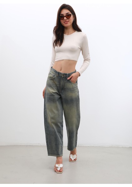 Kadın Yüksek Bel Skater Fit Jean Pantolon Tint Yeşil fırsatları