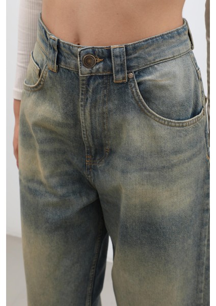 Kadın Yüksek Bel Skater Fit Jean Pantolon Tint Yeşil