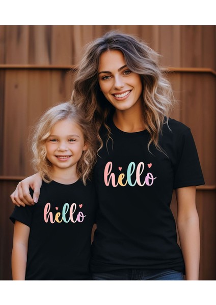 Anne-Kız Hello Baskılı Tişört - Bisiklet Yaka Pamuklu Tişört