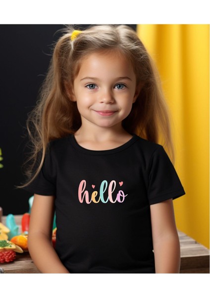 Anne-Kız Hello Baskılı Tişört - Bisiklet Yaka Pamuklu Tişört fiyatları