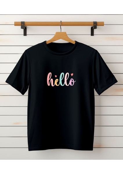 Anne-Kız Hello Baskılı Tişört - Bisiklet Yaka Pamuklu Tişört modelleri