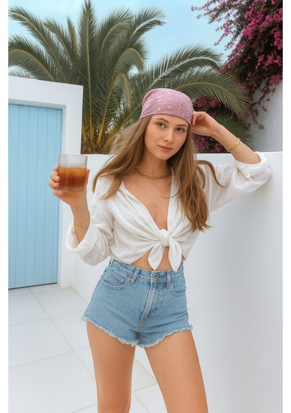 Kadın Yüksek Bel Püsküllü Açık Mavi Jean Şort