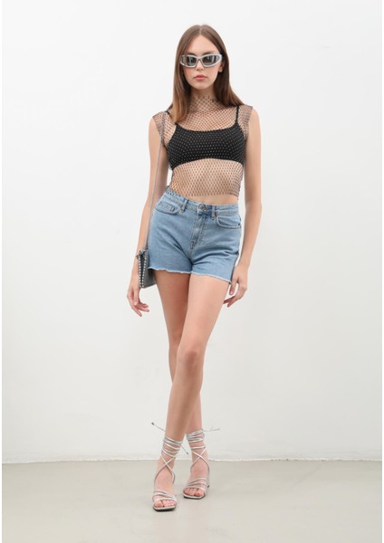 Kadın Yüksek Bel Püsküllü Açık Mavi Jean Şort fiyatları