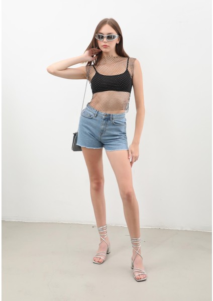 Kadın Yüksek Bel Püsküllü Açık Mavi Jean Şort modelleri