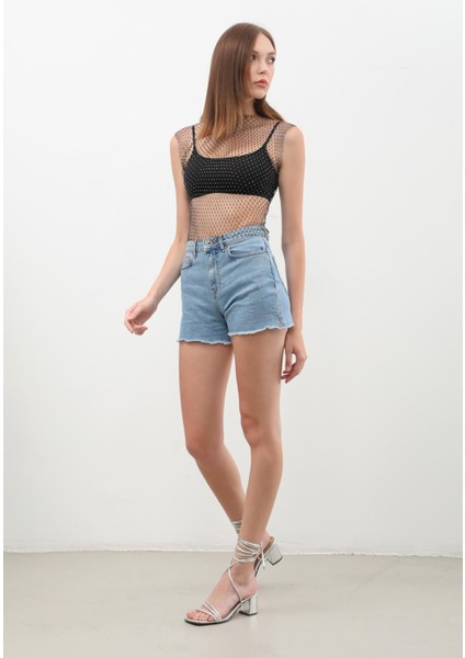 Kadın Yüksek Bel Püsküllü Açık Mavi Jean Şort fırsatları