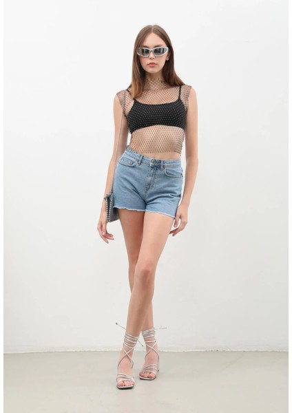 Kadın Yüksek Bel Püsküllü Açık Mavi Jean Şort