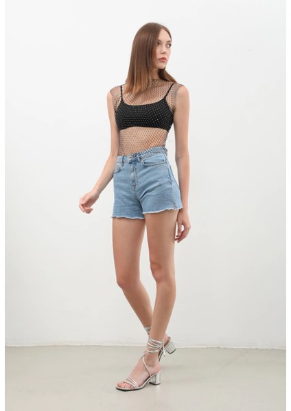 Kadın Yüksek Bel Püsküllü Açık Mavi Jean Şort