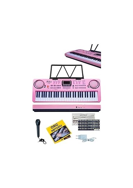 PS-1500PK Başlagıç Içi 61 Tuşlu Org Pembe Rek Otalık Adaptör Mikrofo (100 Ses 100 Ritim)