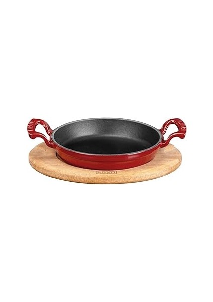 Döküm Yuvarlak Saha Döküm Demir Yekpare Çift Kulplu Kayı Servis Ahşabı. ÇAP(Ø)20CM. Kırmızı