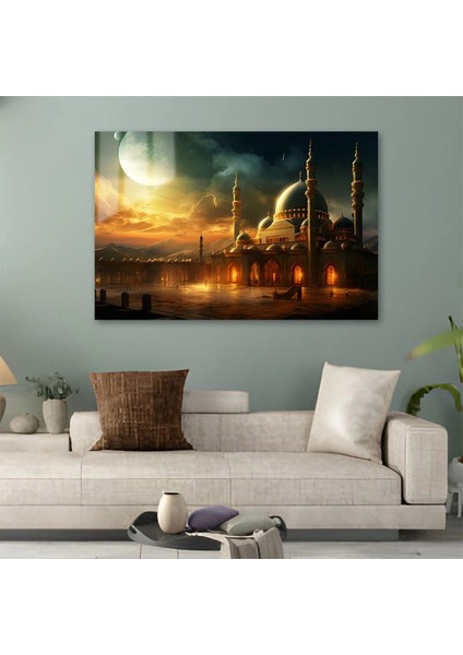 Sonsuzluğun Işığı: Ay Işığı Altında Cami ve Gün Batımı Manzarası Cam Tablo