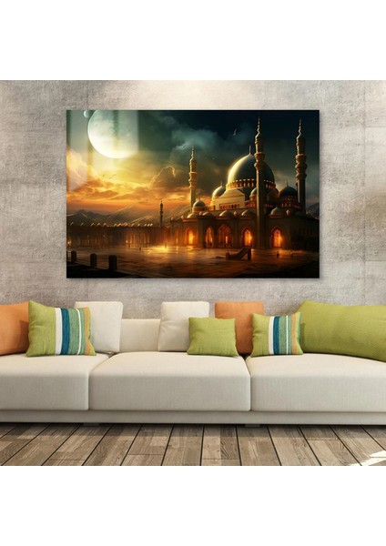 Sonsuzluğun Işığı: Ay Işığı Altında Cami ve Gün Batımı Manzarası Cam Tablo fiyatları