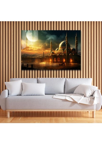 Sonsuzluğun Işığı: Ay Işığı Altında Cami ve Gün Batımı Manzarası Cam Tablo modelleri