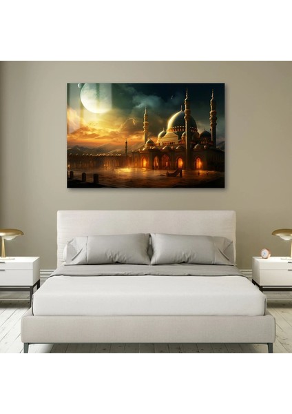 Sonsuzluğun Işığı: Ay Işığı Altında Cami ve Gün Batımı Manzarası Cam Tablo fırsatları