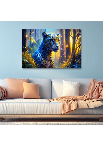 Mistik Ormanın Ruh Leoparı: Büyülü Mavi ve Altın Cam Tablo fırsatları