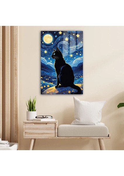 Yıldızlı Gecenin Seyri: Kara Kedi ve Büyülü Ay Cam Tablo