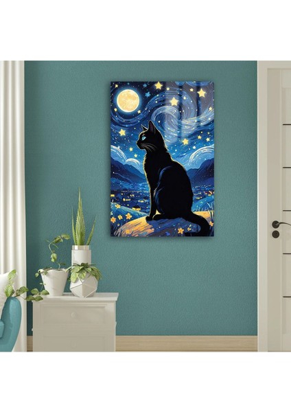 Yıldızlı Gecenin Seyri: Kara Kedi ve Büyülü Ay Cam Tablo modelleri