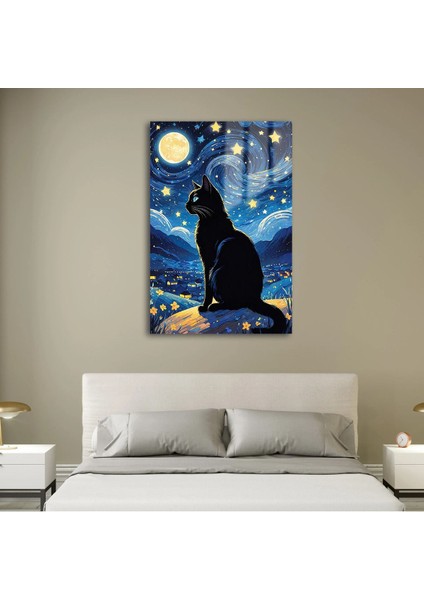 Yıldızlı Gecenin Seyri: Kara Kedi ve Büyülü Ay Cam Tablo fırsatları