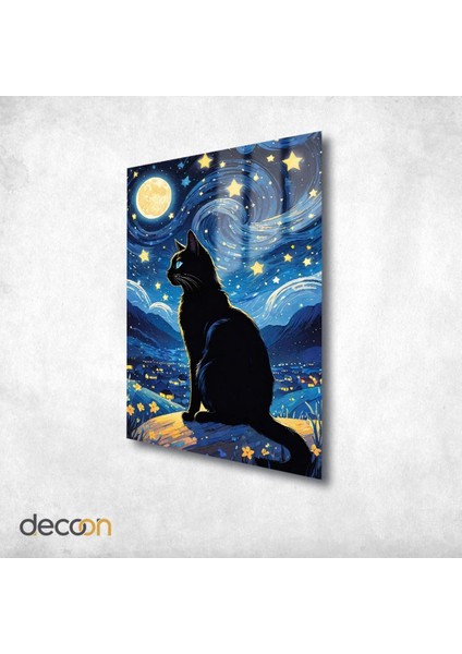 Yıldızlı Gecenin Seyri: Kara Kedi ve Büyülü Ay Cam Tablo