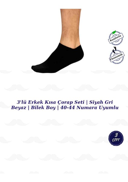 3'lü Erkek Kısa Çorap Seti | Siyah Gri Beyaz | Bilek Boy | 40-44 Numara Uyumlu