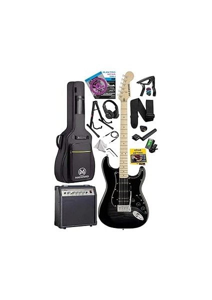 Maxword MAP-45BK-30AMP 30W Bt Amfili Siyah Elektro Gitar Seti Hss Mayetik Maple Klavye Strat Kasa